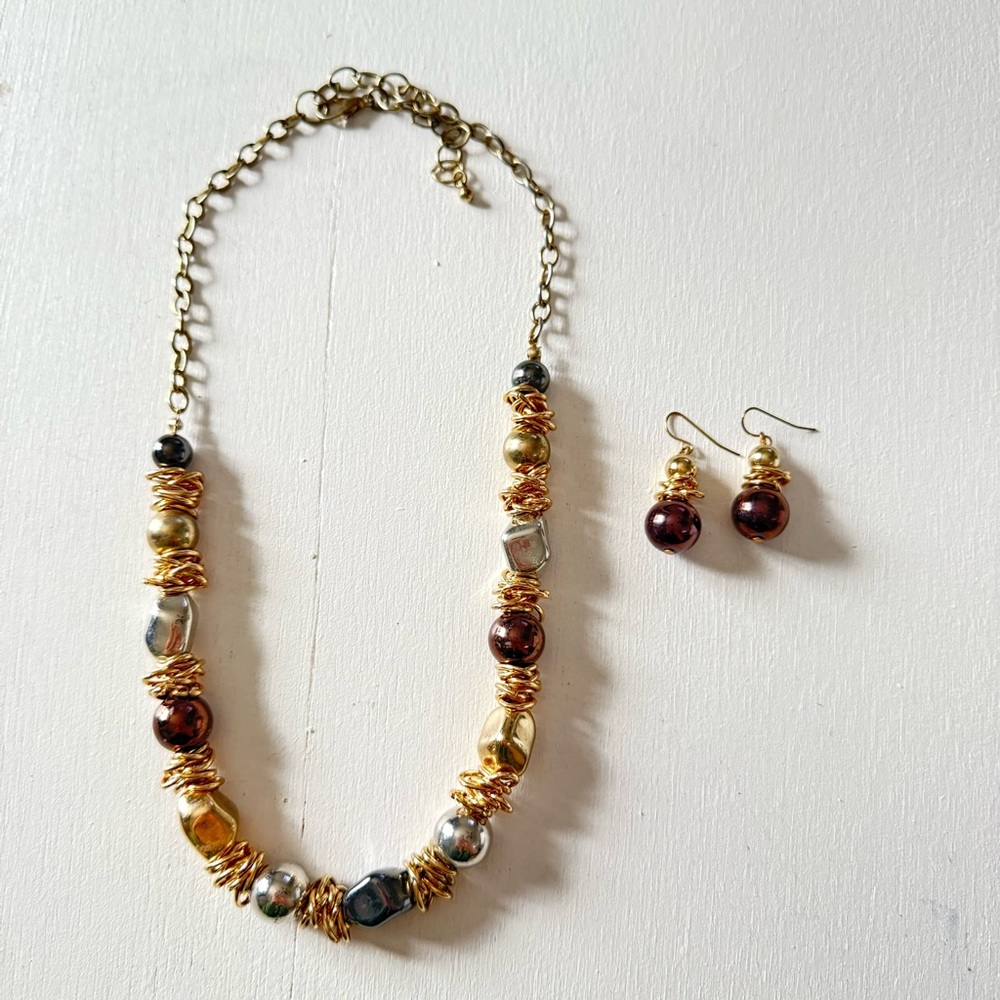 Natural Shaped Beaded Metal Earrings and Necklace